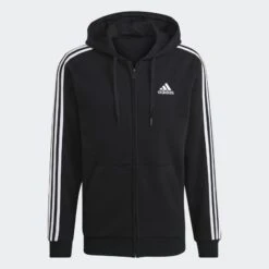 ADIDAS ESSENTIALS FLEECE 3-STRIPES FULL-ZIP HOODIE -Fitness Gear Store Essentials Fleece 3 Stripes Full Zip Hoodie Black GK9051 01 laydown