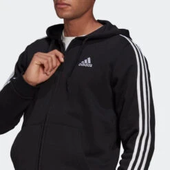 ADIDAS ESSENTIALS FLEECE 3-STRIPES FULL-ZIP HOODIE -Fitness Gear Store Essentials Fleece 3 Stripes Full Zip Hoodie Black GK9051 41 detail
